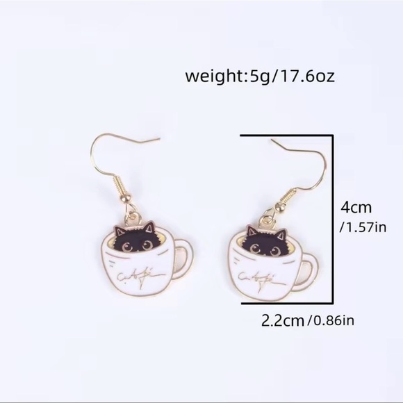 Teacup black cat dangle earrings - Picture 2 of 2